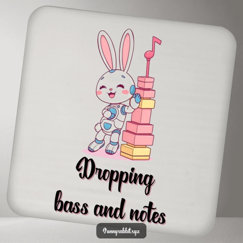 Funny coaster: a giggling rabbit bot balancing a unsteady tower of oversized musical notes.