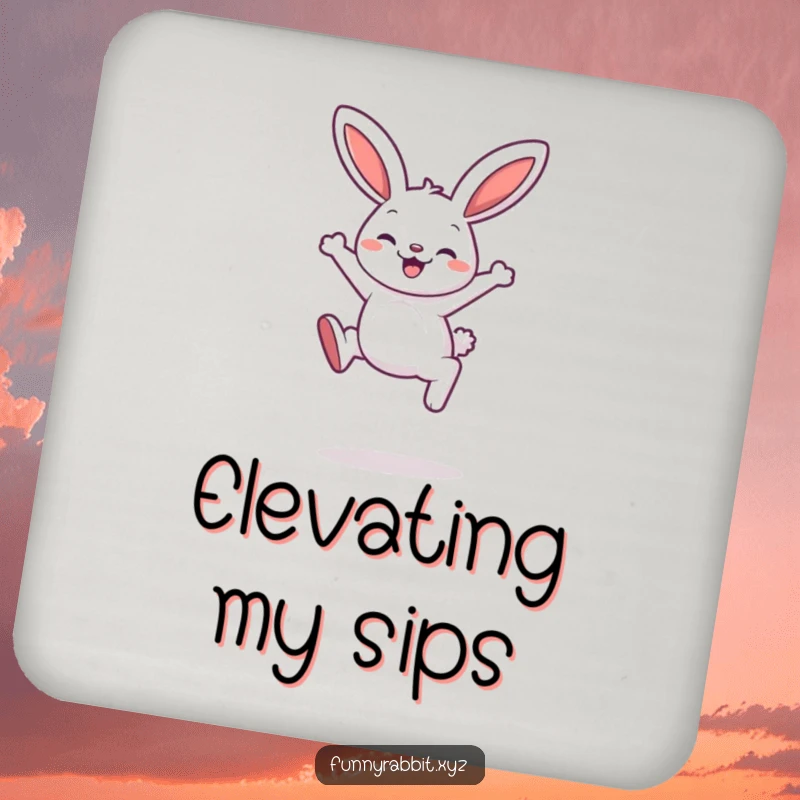 Funny rabbit drink coaster featuring a cartoon rabbit mid-leap with a delighted expression, protecting surfaces with charm.