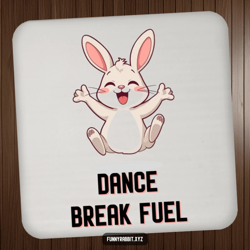 Funny cartoon rabbit coaster, a happy bunny doing a silly dance, adding playful charm to drink service.