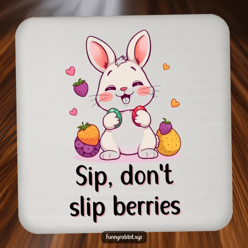 Funny rabbit drink coaster featuring a cartoon rabbit playfully juggling three colorful berries, protecting surfaces with charm.