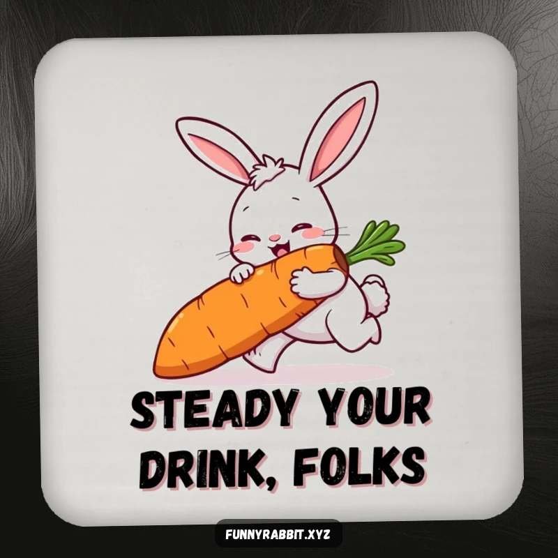 Funny rabbit drink coaster featuring a cartoon rabbit comically tripping while carrying a large carrot, protecting surfaces with humor.