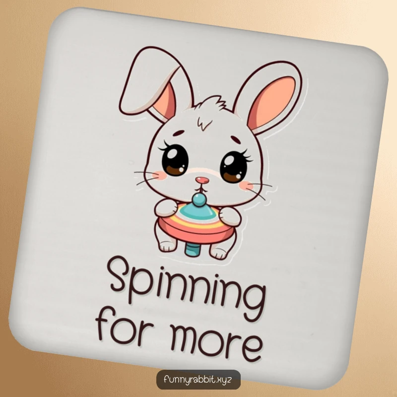 Funny surprised rabbit coaster, a cartoon bunny with wide eyes looking at a spinning top, adding a humorous touch to drink service.