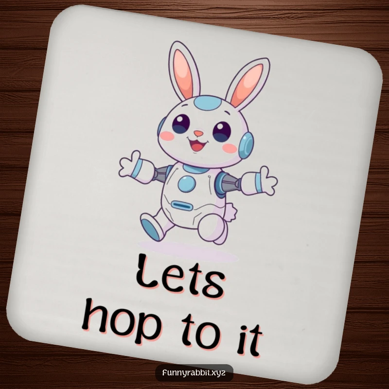 Funny Cheerful Rabbit Bot Coaster: A joyful rabbit bot hops with perked ears, adding a cheerful and protective touch to your drinks.