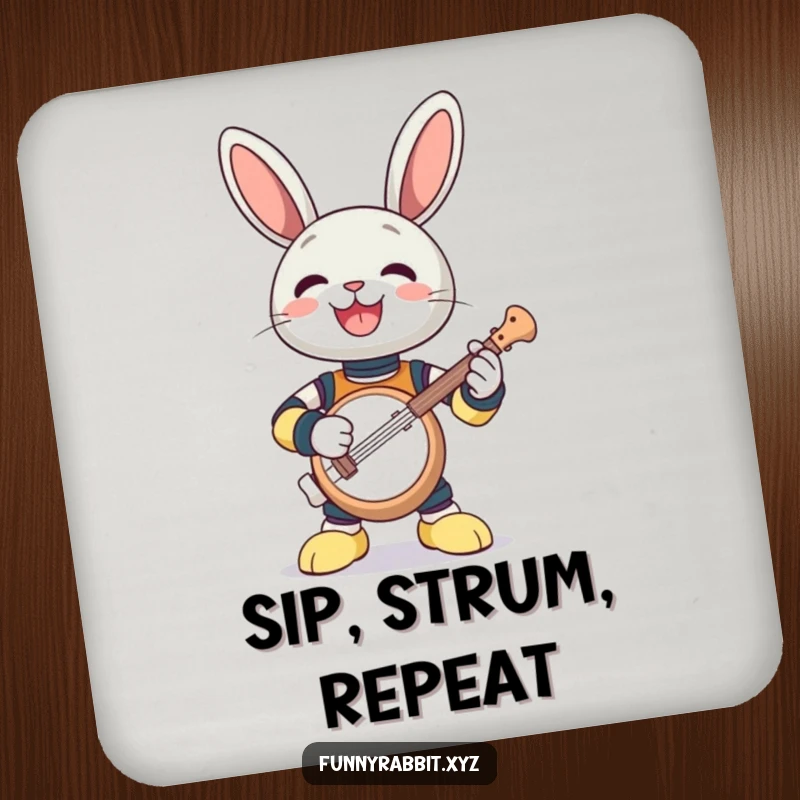 Funny coaster: a gleeful rabbit bot enthusiastically playing a comically small banjo.