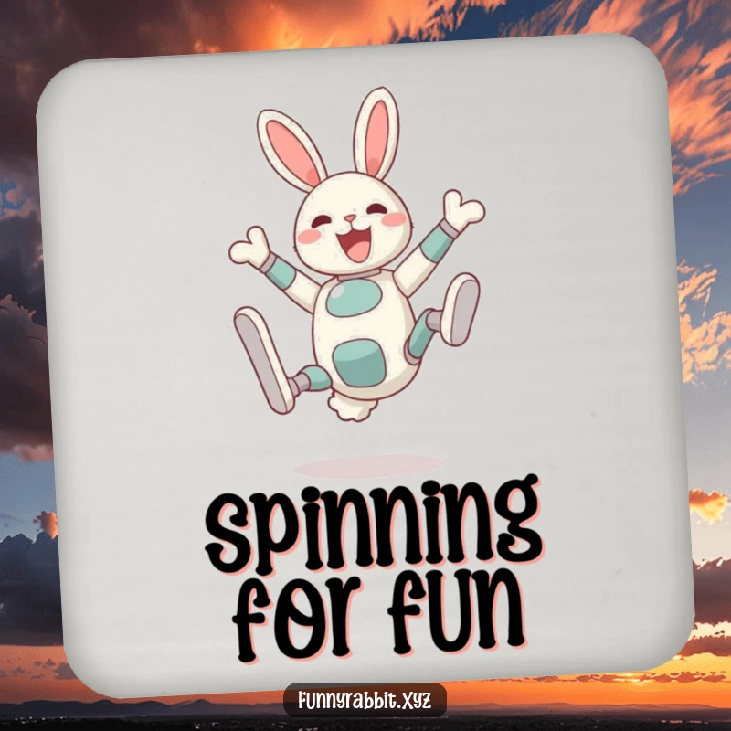 Funny Delighted Rabbit Bot Coaster: A rabbit bot performs a silly somersault with legs in the air, protecting surfaces with a fun design.