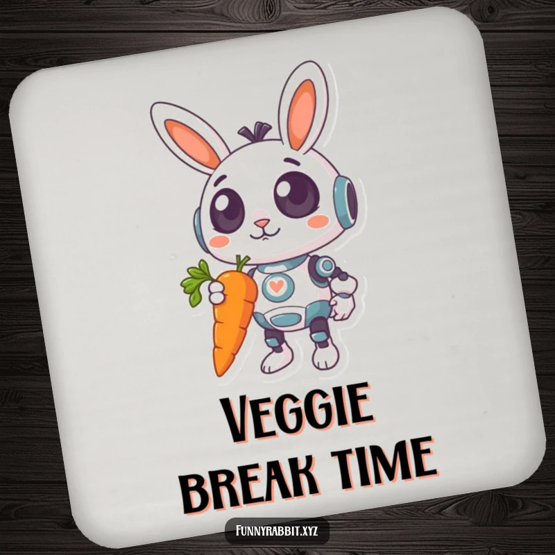 Funny Surprised Rabbit Bot Coaster: A surprised rabbit bot with wide eyes holds a giant carrot, protecting surfaces with a humorous, veggie-themed design.