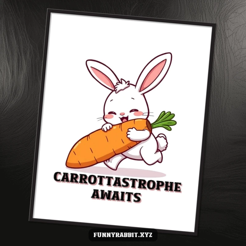 Funny rabbit poster depicting a cartoon rabbit comically tripping while carrying a large carrot, adding humorous art.