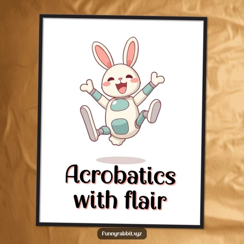 Funny Delighted Rabbit Bot Poster: A rabbit bot performs an exaggerated somersault with legs kicking high in the air, radiating pure delight.