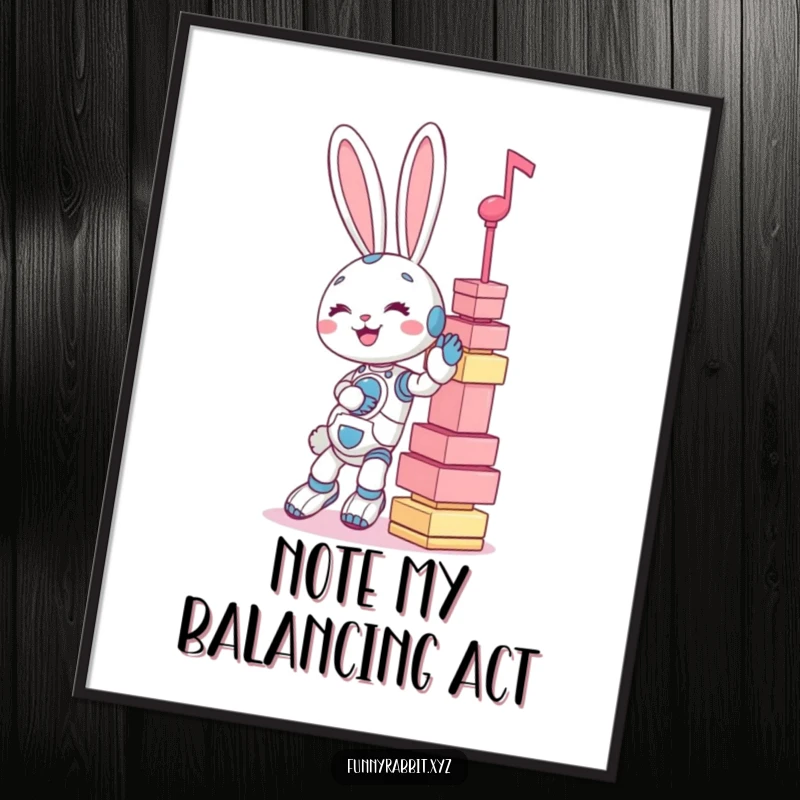 Funny poster: a giggling rabbit bot attempting to balance a wobbly tower of enormous musical notes.
