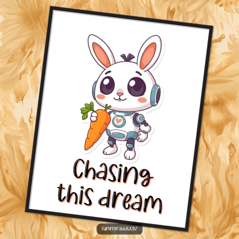 Funny Surprised Rabbit Bot Poster: A surprised rabbit bot with wide eyes holds a giant, dangling carrot, creating a humorous and eye-catching display.