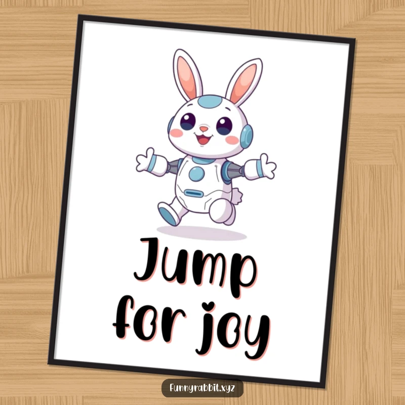 Funny Cheerful Rabbit Bot Poster: A happy rabbit bot hops with immense joy, ears perked high, bringing a cheerful vibe to any wall.