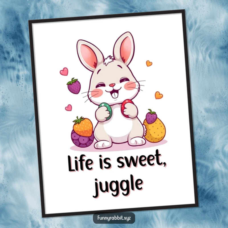 Funny rabbit poster capturing a cartoon rabbit giggling while playfully juggling three colorful berries, adding whimsical art.