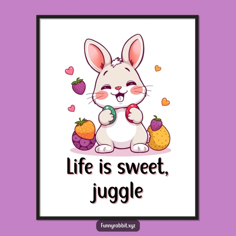 Funny Rabbit Juggling Poster, Vibrant Cartoon Art for Whimsical Decor