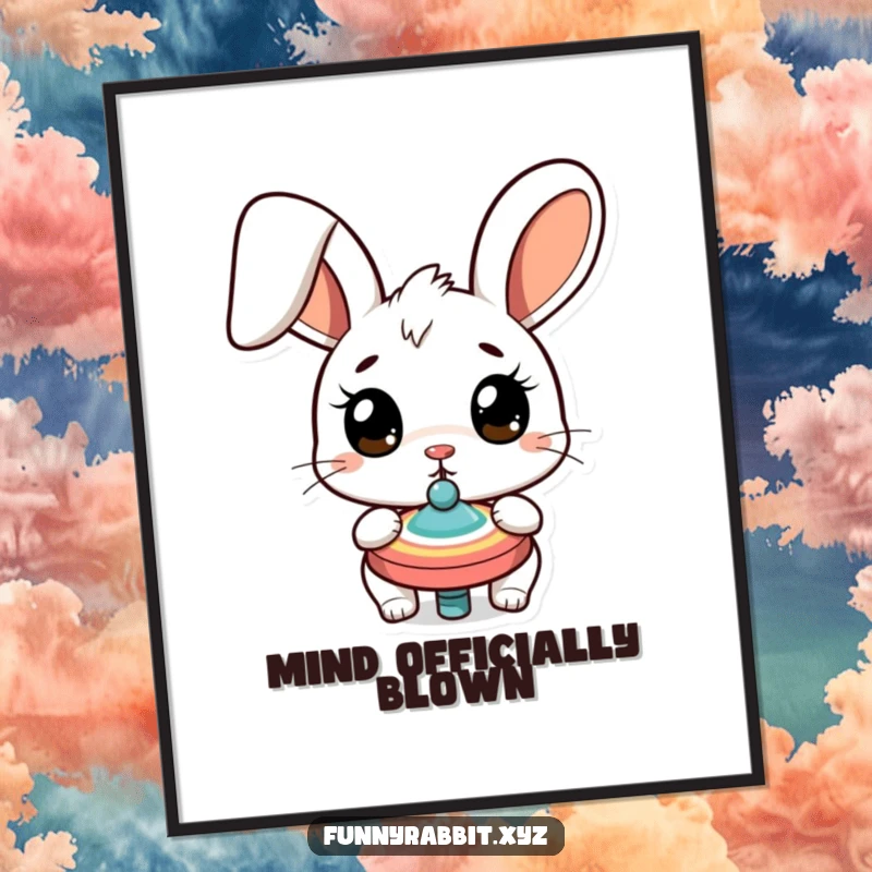 Funny surprised rabbit poster, a wide-eyed cartoon bunny mesmerized by a spinning top, adding a humorous and eye-catching element.