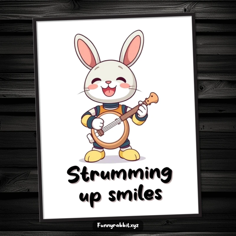 Funny poster: a gleeful rabbit bot energetically playing a comically tiny banjo with a joyful expression.