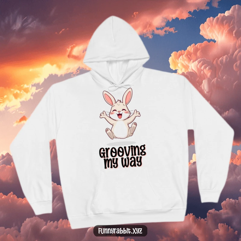 Funny cartoon rabbit hoodie, a joyful bunny performing a silly dance with its hind legs, radiating warmth and happiness.