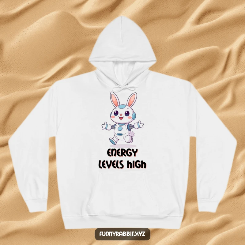 Funny Cheerful Rabbit Bot Hoodie: A happy rabbit bot hops with immense joy, ears perked high, inviting warmth and smiles.