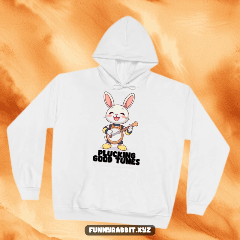 Funny hoodie: a gleeful rabbit bot passionately playing a very small banjo with energetic delight.