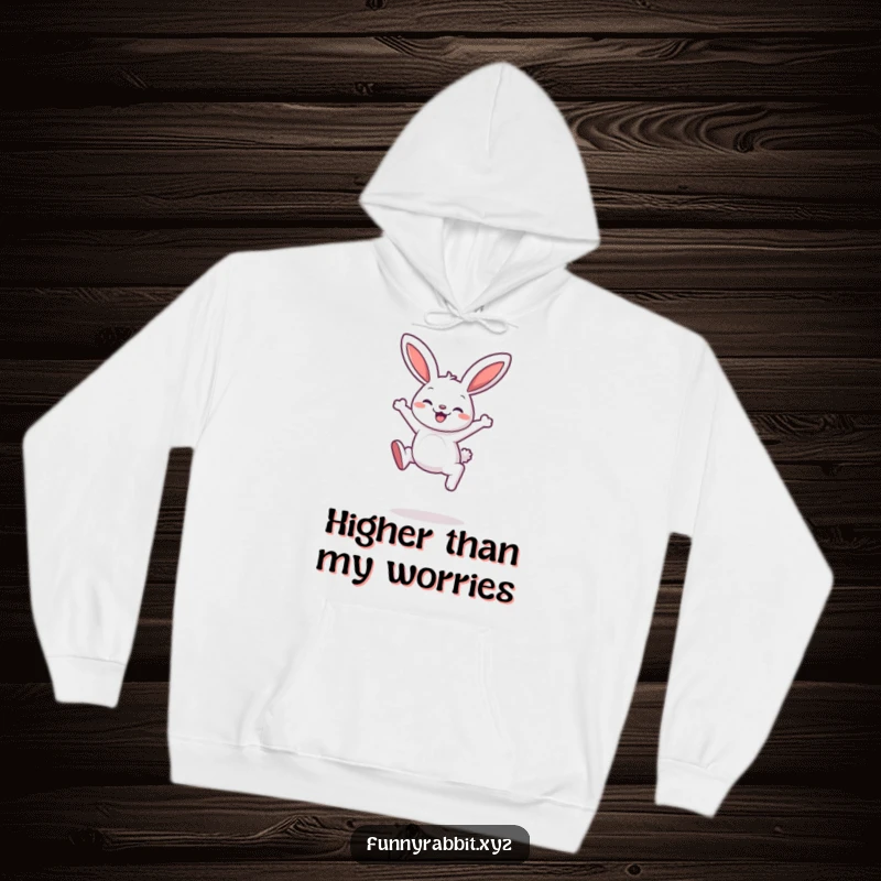 Funny rabbit hoodie featuring a cartoon rabbit mid-leap with a delighted expression, designed for cozy fun.
