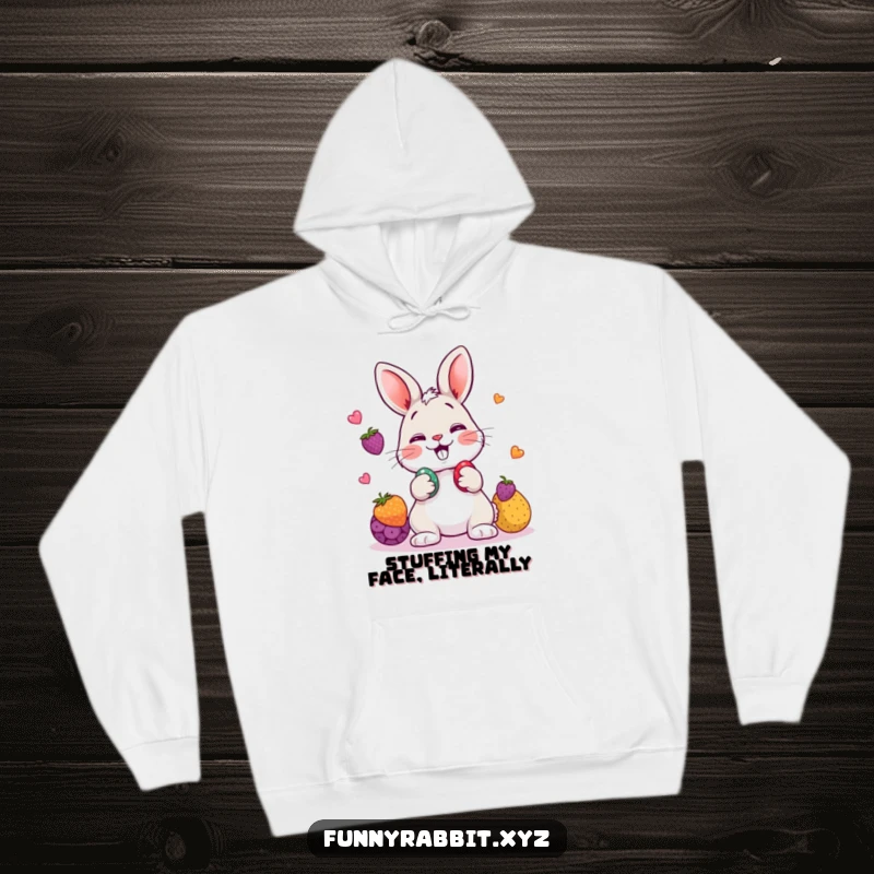 Funny rabbit hoodie featuring a giggling cartoon rabbit playfully juggling three colorful berries, designed for cozy fun.