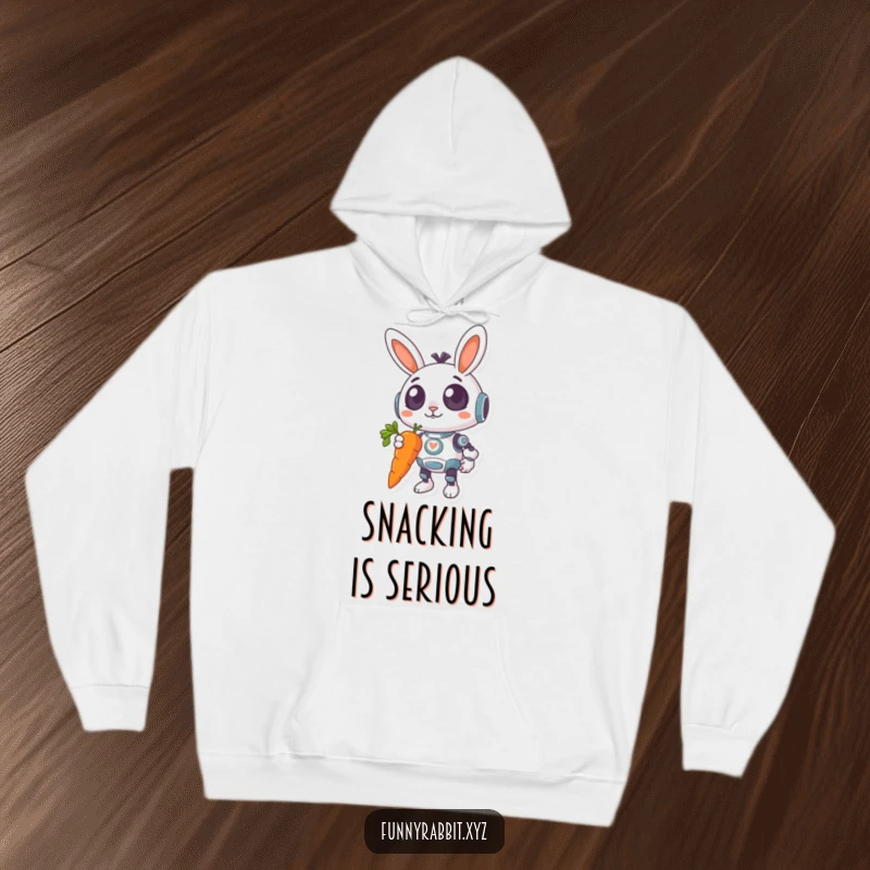 Funny Surprised Rabbit Bot Hoodie: A surprised rabbit bot with wide eyes and a crooked smile holds a giant, dangling carrot, looking overwhelmed.
