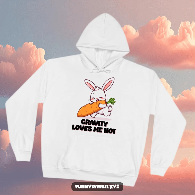 Funny rabbit hoodie featuring a cartoon rabbit comically tripping while carrying a large carrot, designed for cozy, humorous wear.