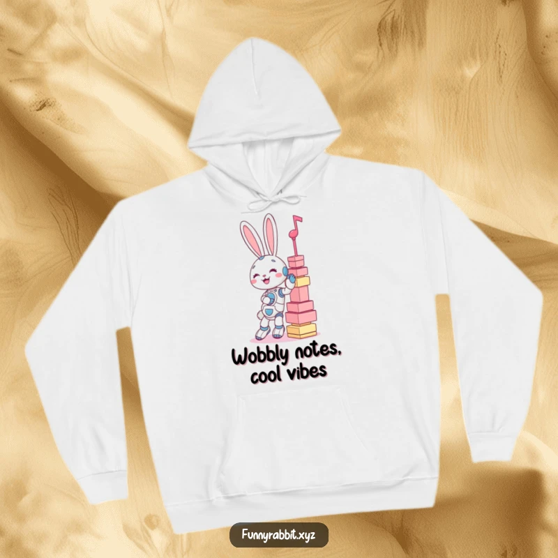 Funny hoodie: a giggling rabbit bot trying to keep a shaky, colossal tower of musical notes from falling.