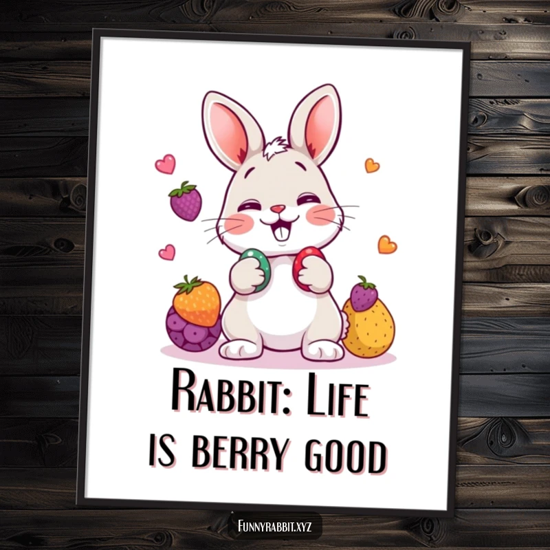 Funny Free Printable Wall Art: Giggling cartoon rabbit playfully juggling vibrant berries, adding a whimsical touch to decor.