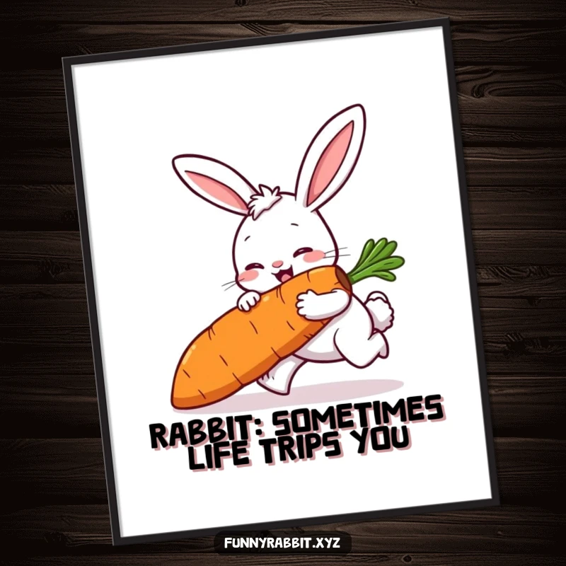 Funny Free Printable Wall Art: Cartoon rabbit comically tripping with a giant carrot, creating a hilarious and quirky decor piece.