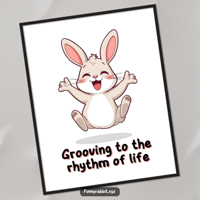 Funny Free Printable Wall Art: A cartoon rabbit joyfully doing a silly, energetic dance with its legs kicking up.