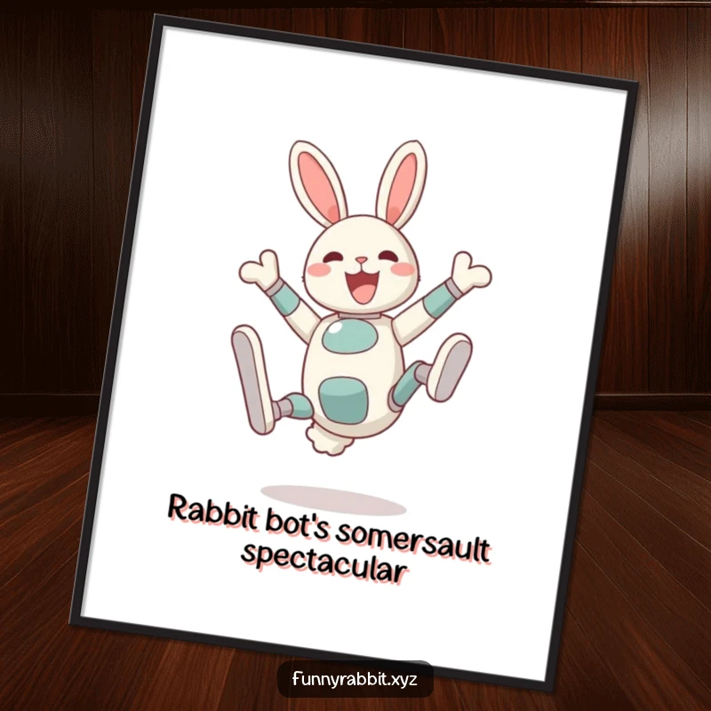 Funny Free Printable Wall Art: A delighted rabbit bot is caught mid-somersault with legs high in the air, full of energy.