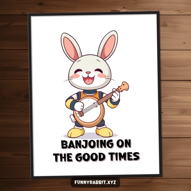 Funny Free Printable Wall Art: A gleeful rabbit bot enthusiastically strumming a comically tiny banjo.