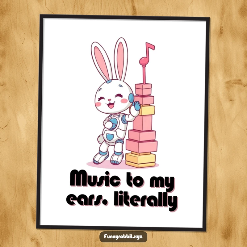 Funny Free Printable Wall Art: A giggling rabbit bot precariously balancing a huge, unsteady tower of musical notes.