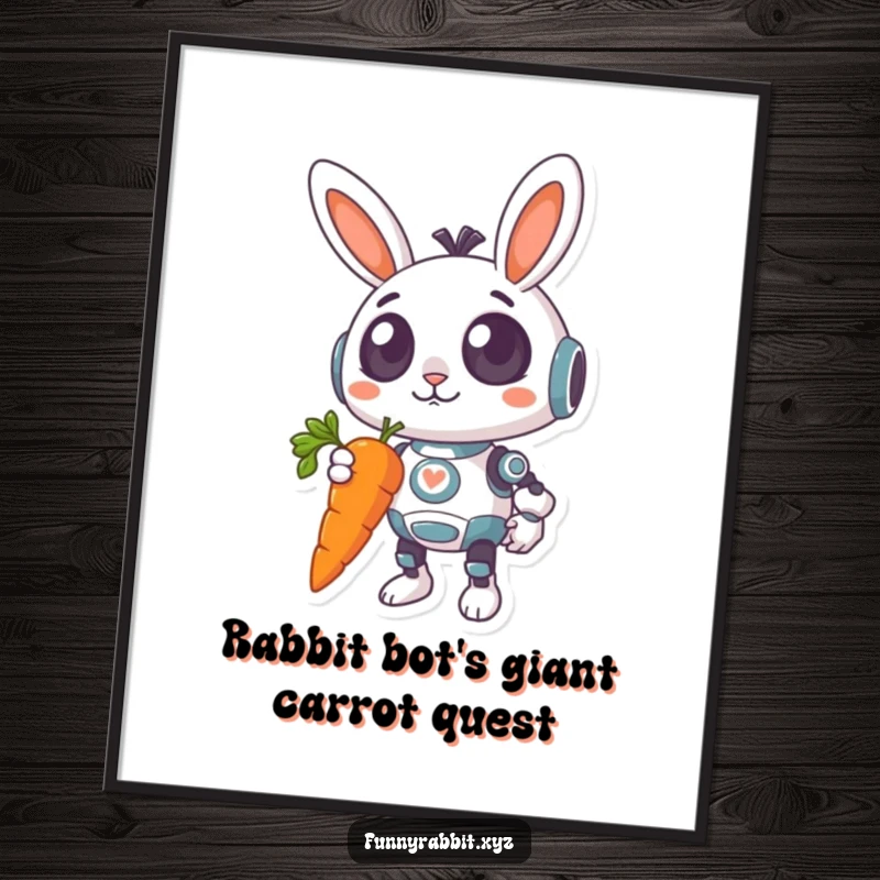 Funny Free Printable Wall Art: Surprised rabbit bot with wide eyes and a crooked smile holds a comically large, dangling carrot.