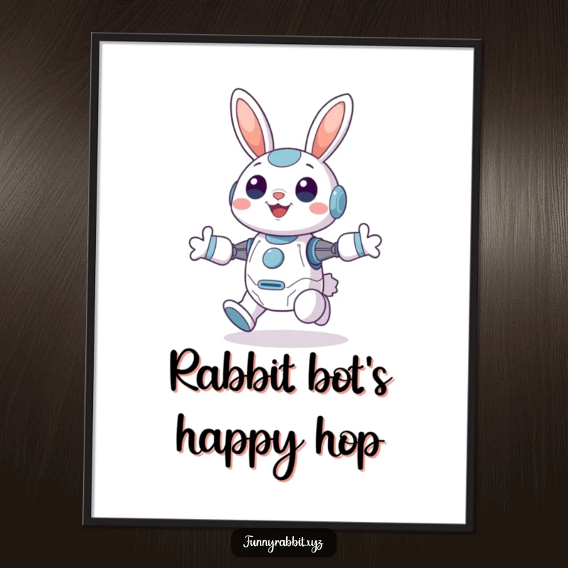 Funny Free Printable Wall Art: Cheerful rabbit bot depicted mid-hop with ears perked high, radiating pure joy and energy.