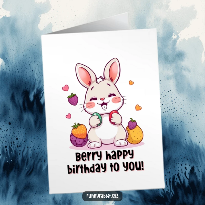 Funny Free Printable Birthday Card: Giggling cartoon rabbit plays with juggling colorful berries, celebrating merrily.
