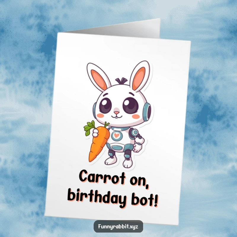 Funny Free Printable Birthday Card: A surprised rabbit bot with a crooked smile holds a giant, dangling carrot, ready for birthday treats.