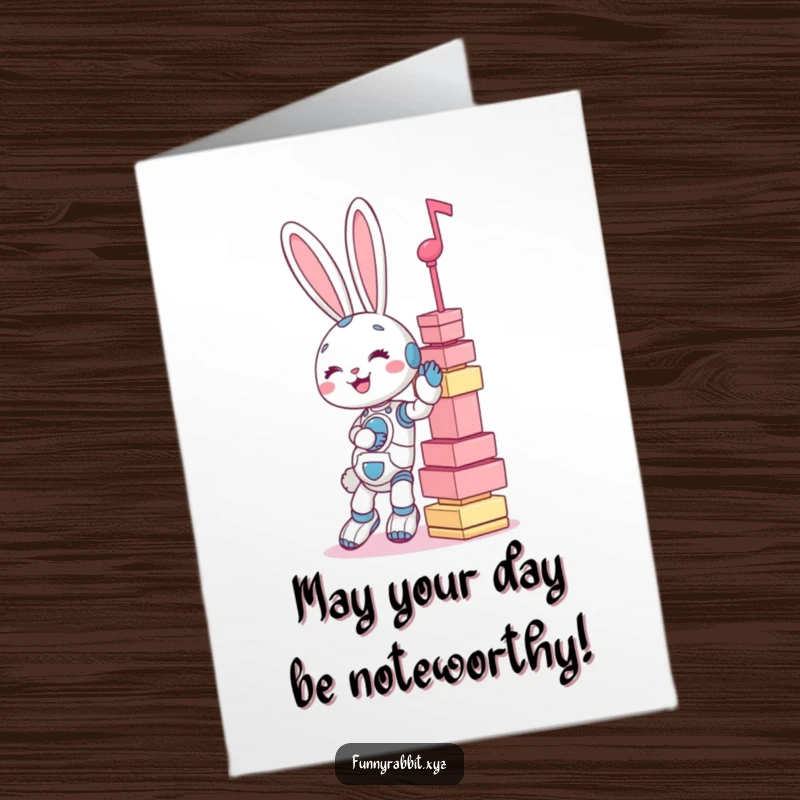 Funny Free Printable Birthday Card: Giggling rabbit bot wobbling a tower of giant musical notes, looking mischievous.