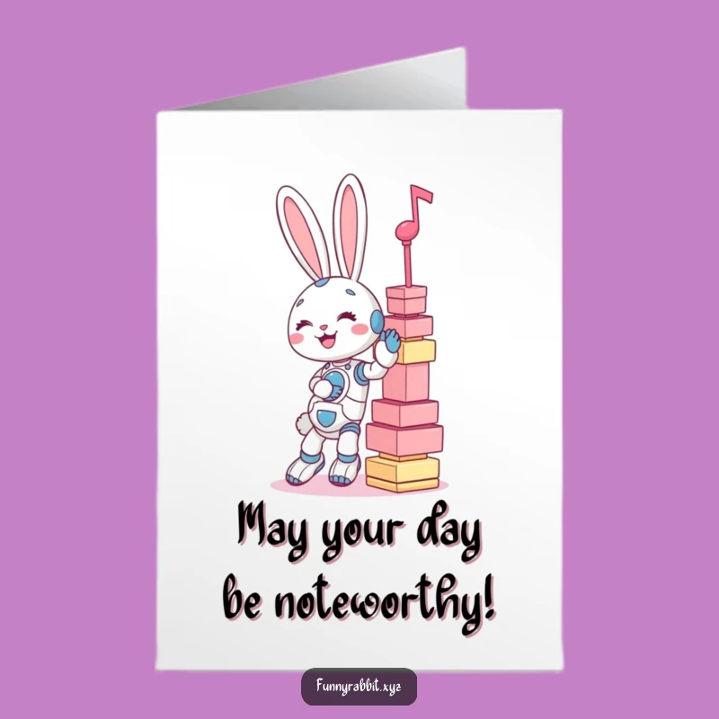 Free Printable Birthday Card: Funny Rabbit Bot Music Tower - Perfect Downloadable Gift