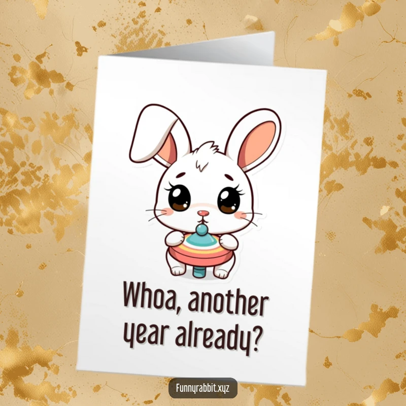 Funny Free Printable Birthday Card: Surprised rabbit with wide eyes staring at a spinning top, perfect for a laugh.