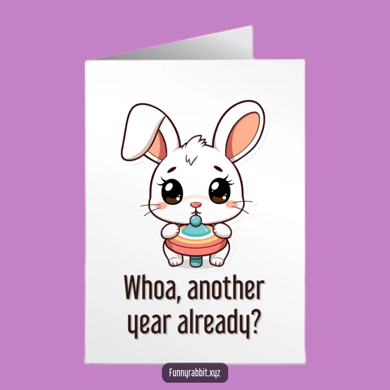 Free Printable Birthday Card: Surprised Rabbit Spinning Top Funny Downloadable Gift