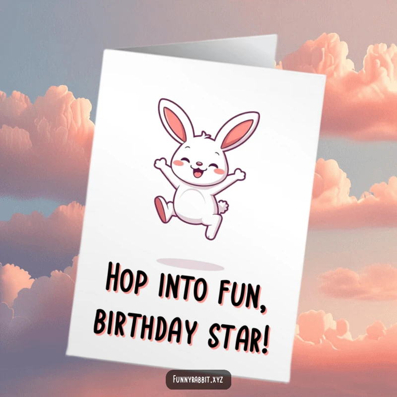 Funny Free Printable Birthday Card: Bouncing cartoon rabbit mid-leap with a delighted expression, celebrating with energetic joy.