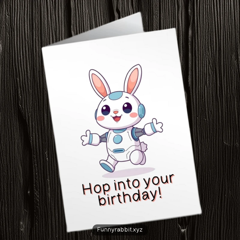 Funny Free Printable Birthday Card: A cheerful rabbit bot hops gleefully with ears perked high, spreading birthday happiness.