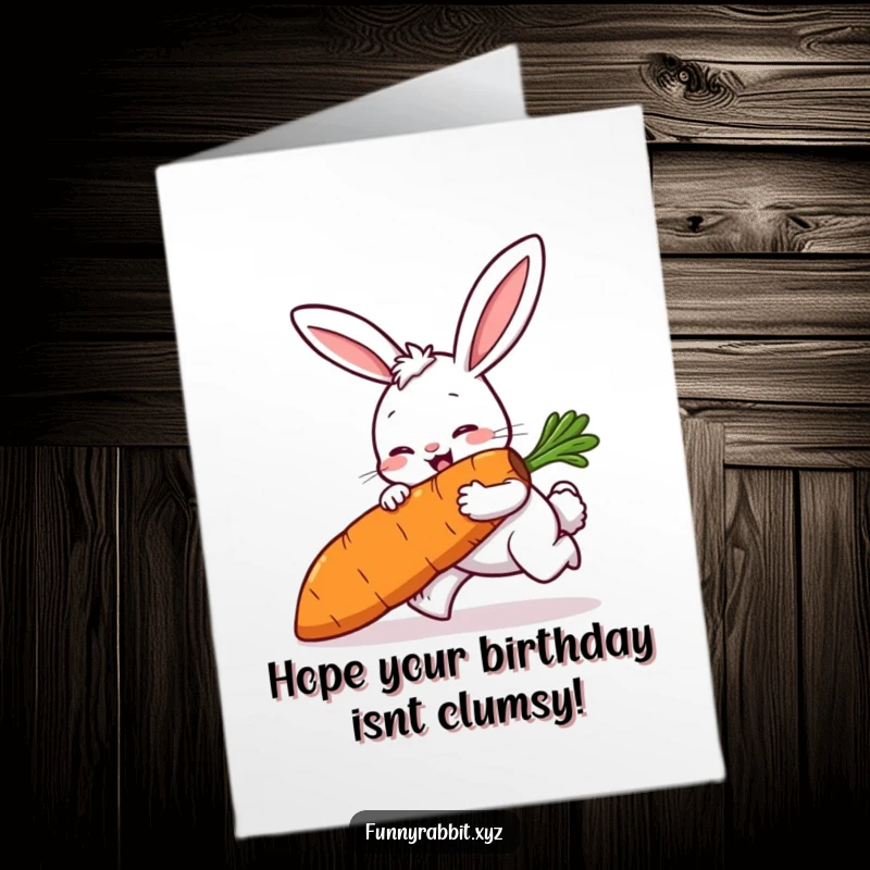 Funny Free Printable Birthday Card: Cartoon rabbit comically tripping while struggling with a giant carrot, a humorous birthday surprise.
