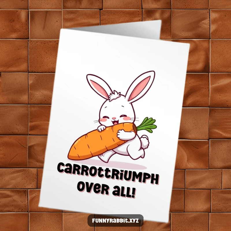Funny Free Printable Congratulations Card: Cartoon rabbit comically tripping with a large carrot, celebrating success with clumsy charm.