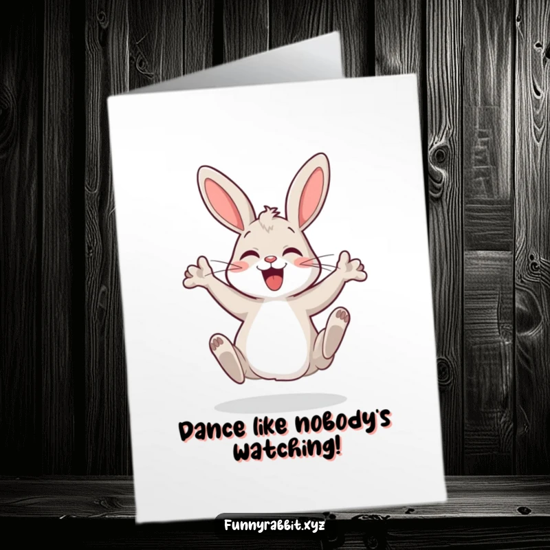 Funny Free Printable Congrats Card: A happy rabbit doing a wild, silly dance with its hind legs up, celebrating an achievement.