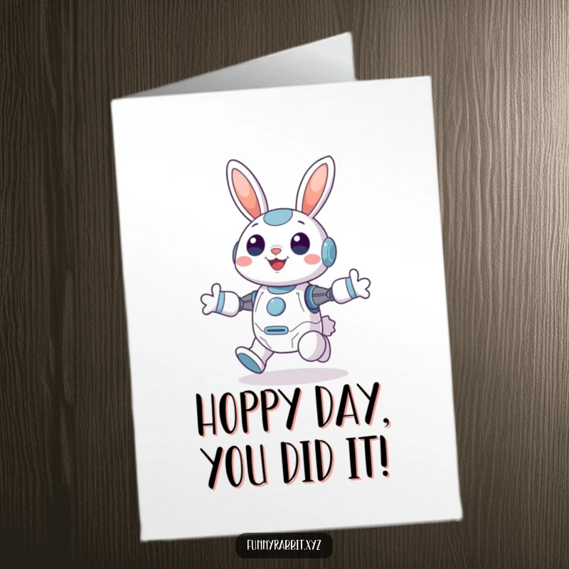 Funny Free Printable Congratulations Card: Cheerful rabbit bot hops energetically, ears high, celebrating your wonderful news.