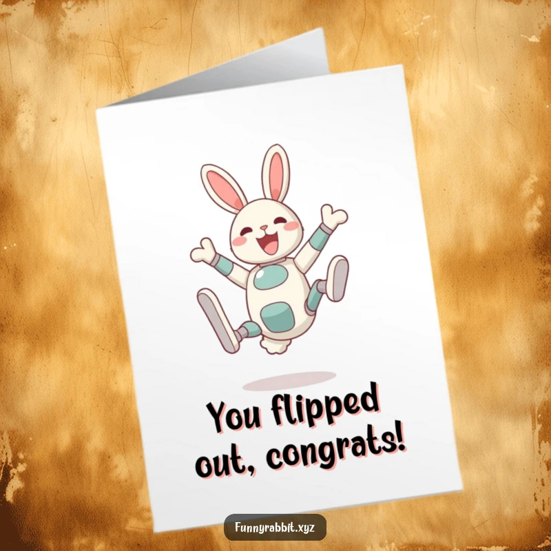 Funny Free Printable Congratulations Card: Delighted rabbit bot shows pure elation with a cartoonish somersault, legs high in the air.