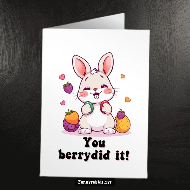 Funny Free Printable Congratulations Card: Giggling cartoon rabbit skillfully juggling berries, celebrating achievements with humor.