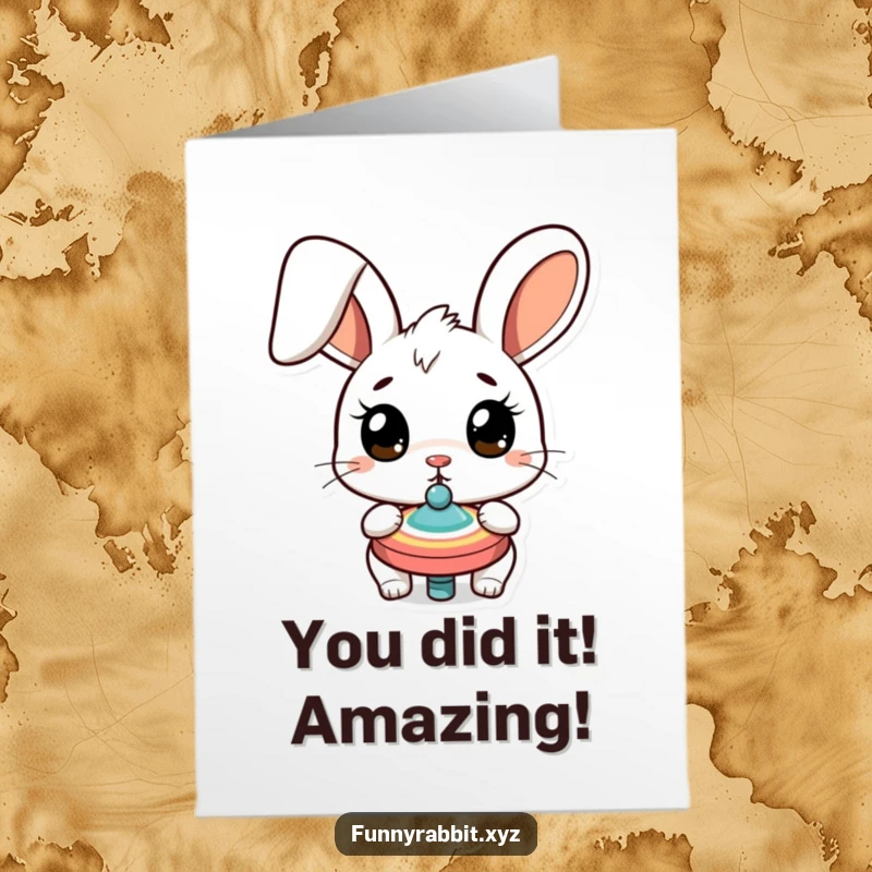 Funny Free Printable Congrats card: A startled rabbit with huge eyes fixated on a spinning top, celebrating success.